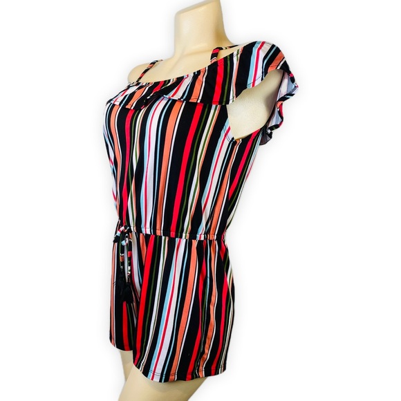 Women’s Cold Shoulder Striped Ruffle Romper One Piece • Size Medium - Picture 3 of 9